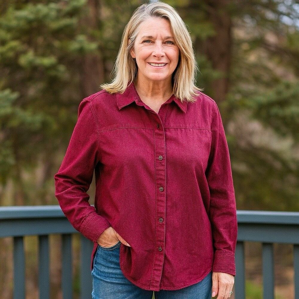 Joan Rivers Red Button Down Top L Long Sleeve Pockets Western Warm Minimalist